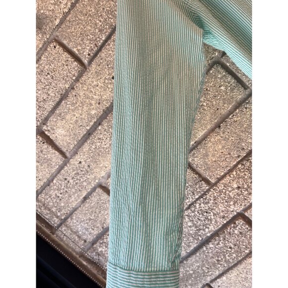 J.McLaughlin Womens Seersucker Button-Down Shirt L Striped Aqua White Cotton Rel - Picture 4 of 8